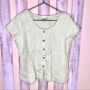 CLICK 100% Linen Green Button Down Short Sleeve Blouse Womens M